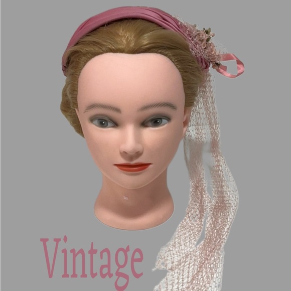 VINTAGE Pink Half Hat with Flowers, Lace, and Netting - Picture 1 of 9
